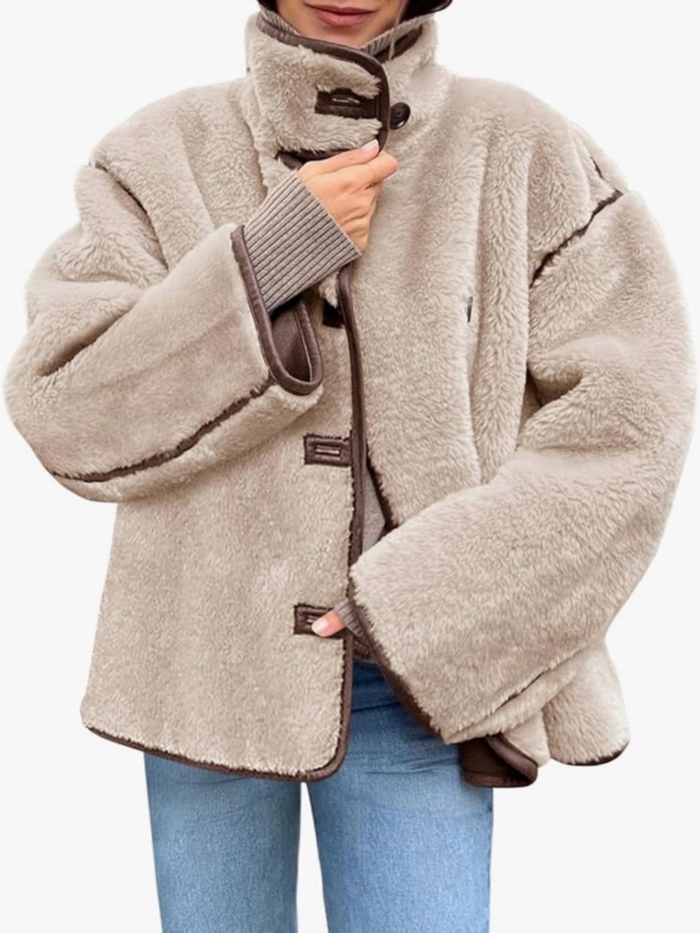 Faux Shearling Jacket Women’s Medium Beige Brown Trim Button Down NWT - Picture 3 of 9